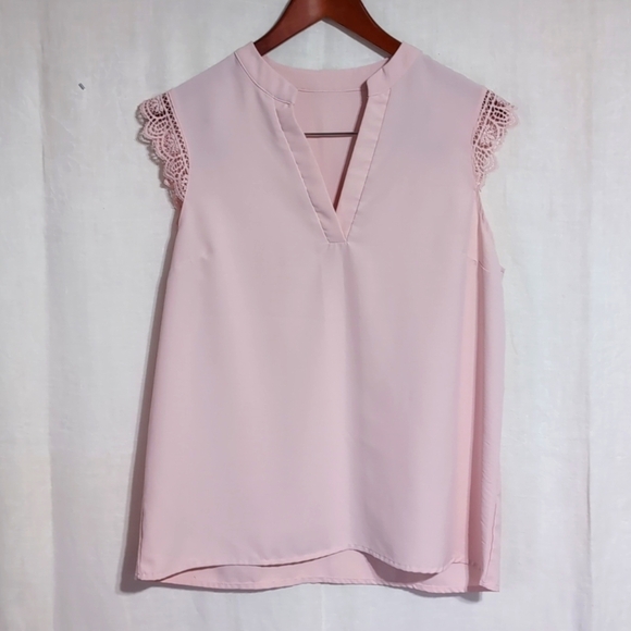 Pale Pink Chiffon Vneck Eyelet Cap Sleeve Blouse Size Large - Picture 1 of 4